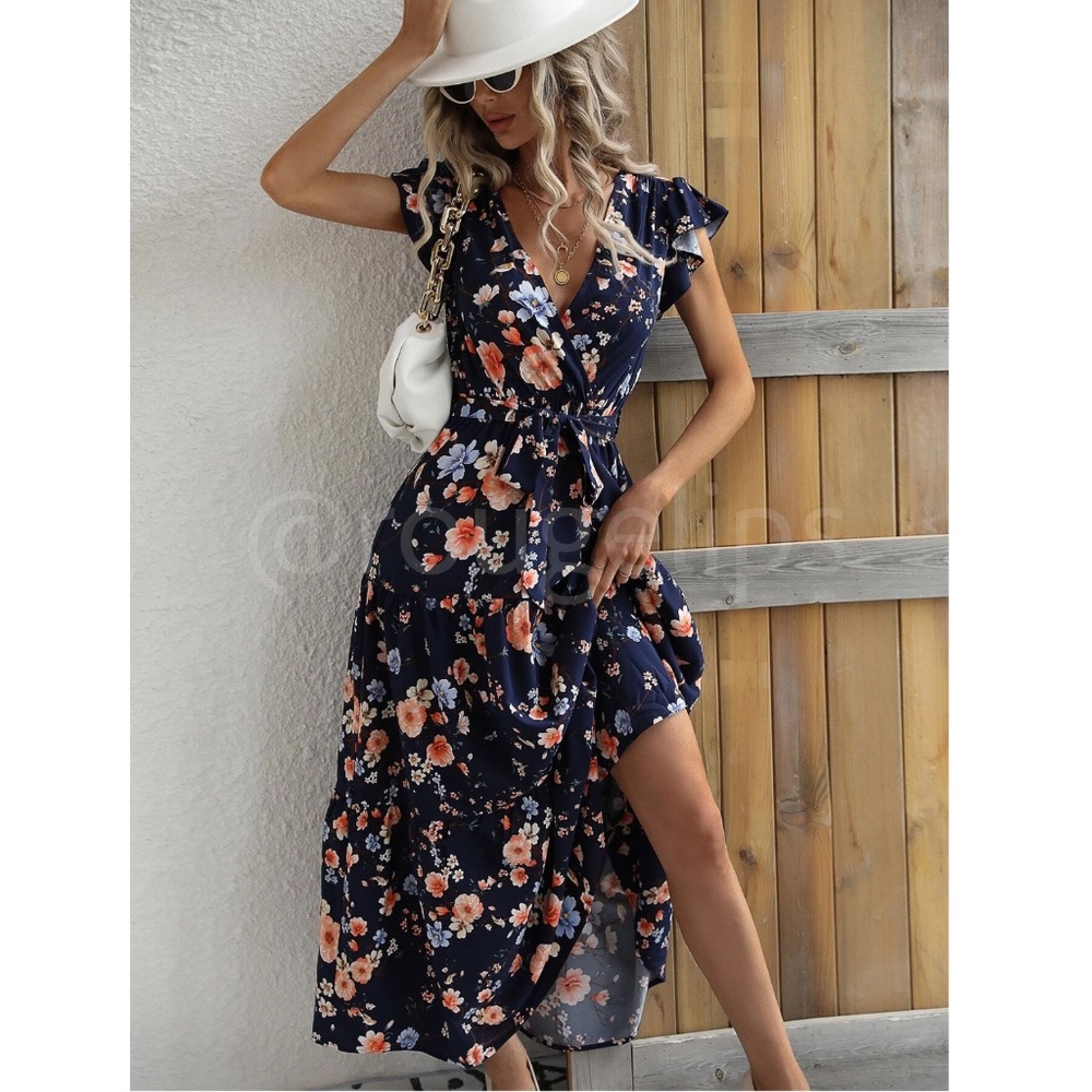 Floral Dress Surplice Overlapping V Neck Fit & Flare Maxi Long Blue Tie Belt - Picture 4 of 6
